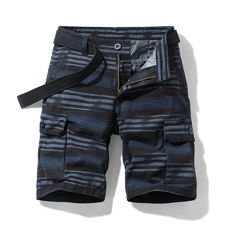 Herrshorts för Våren – Lätta Cargo Shorts med Flera Fickor och Randigt Mönster
