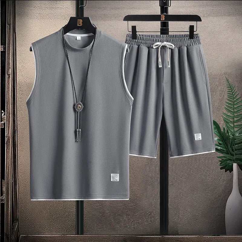 Herr Sommar Tvådelat Set Ärmlös Topp Dragsko Shorts