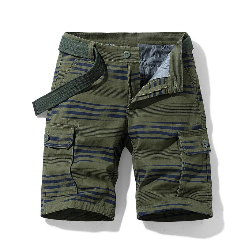 Herrshorts för Våren – Lätta Cargo Shorts med Flera Fickor och Randigt Mönster