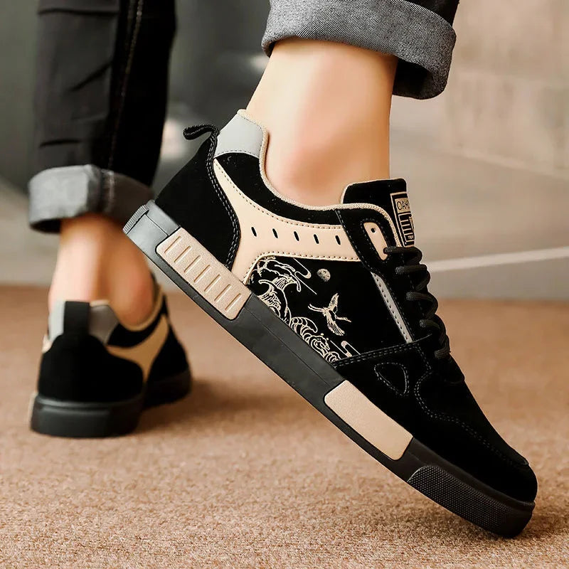 Sneakers för Herr i Cream och Brun med Våg- och Fågelsgrafik och Vadderad Innersula