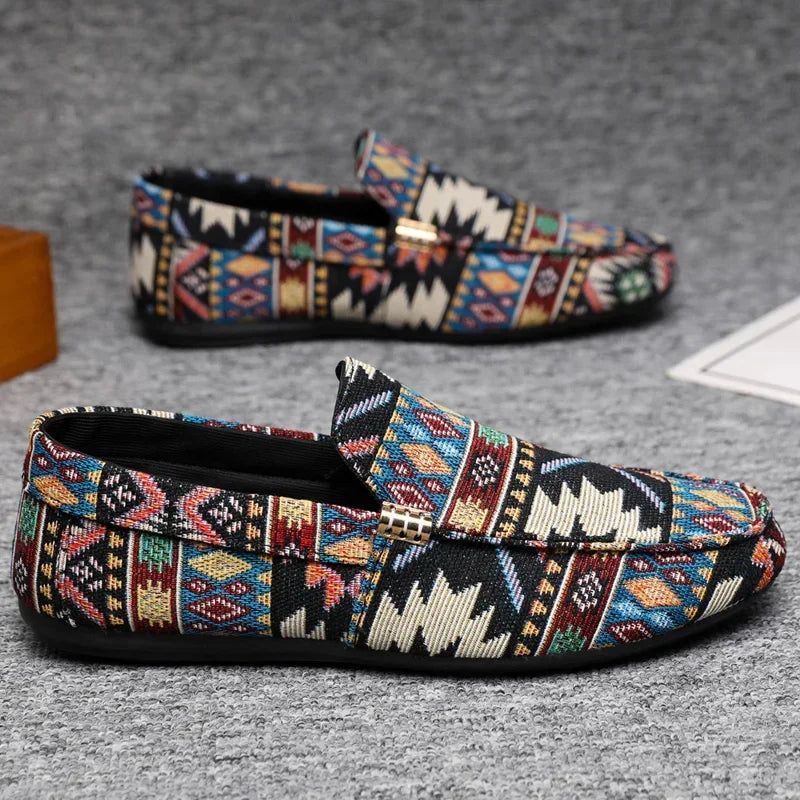 Herr Canvas Loafers med Aztektryck och Gummisula