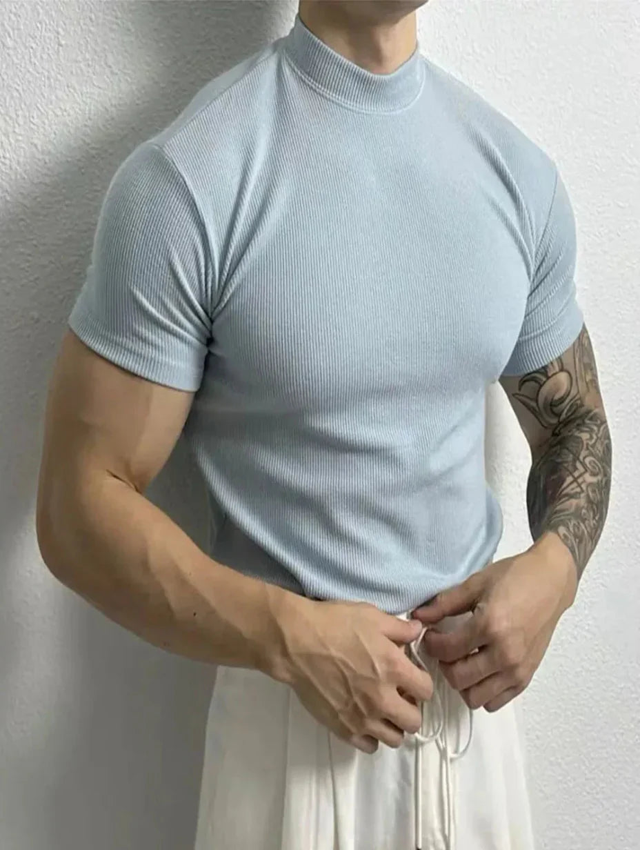 Herr T-shirt med Kort Ärms och Halvhög Krage Snabbtorkande Fuktabsorberande Slim Fit