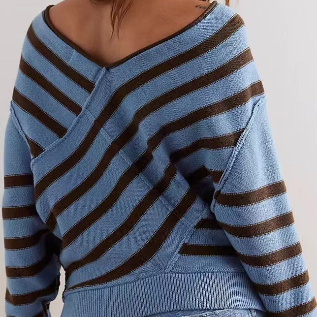 Dam Stickad Pullover Med V-ringning Slouchy Passform Och Diagonala Ränder