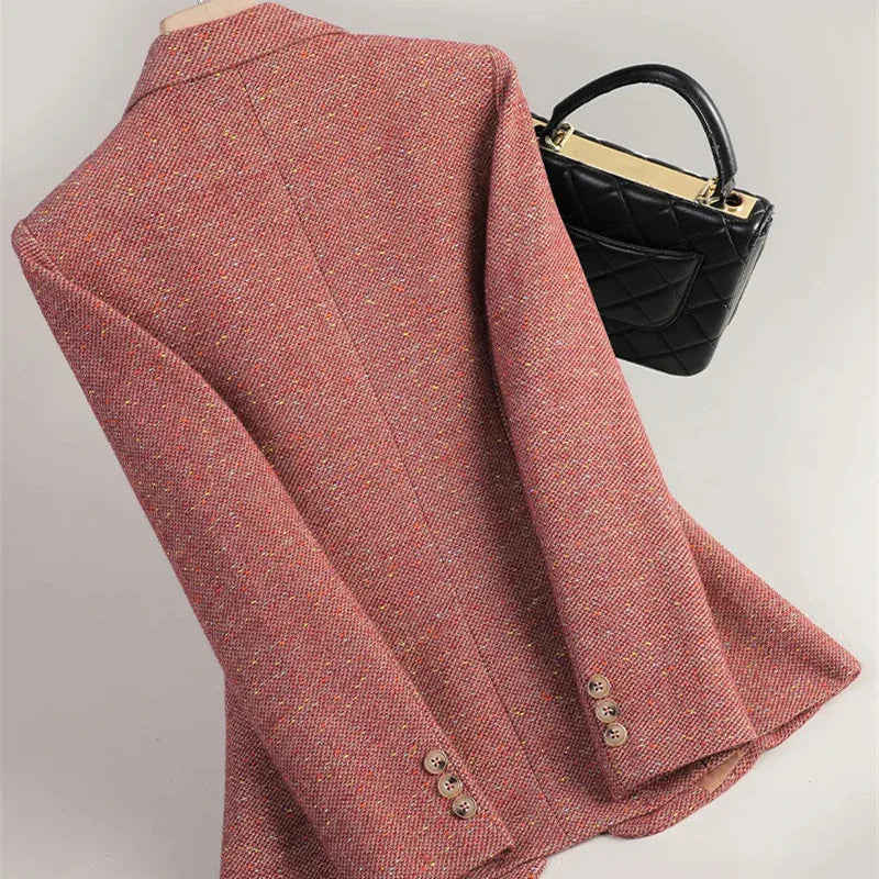 Kvinna Höst Blazer Med Fiskbensväv Och Fickor Med Lock