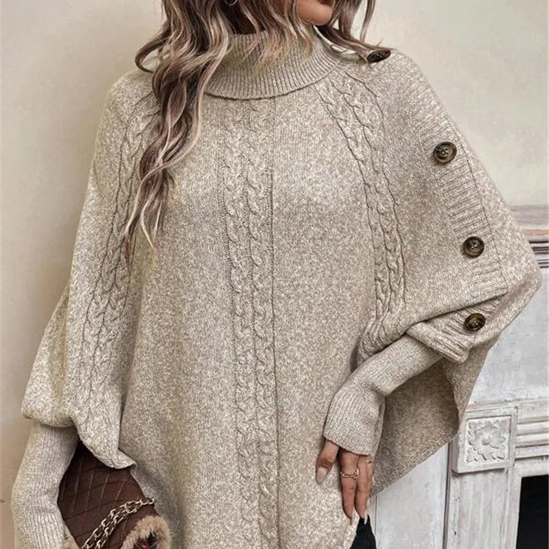 Dam Poncho Med Polokrage Kabelstickning Och Knäppbara Ärmar