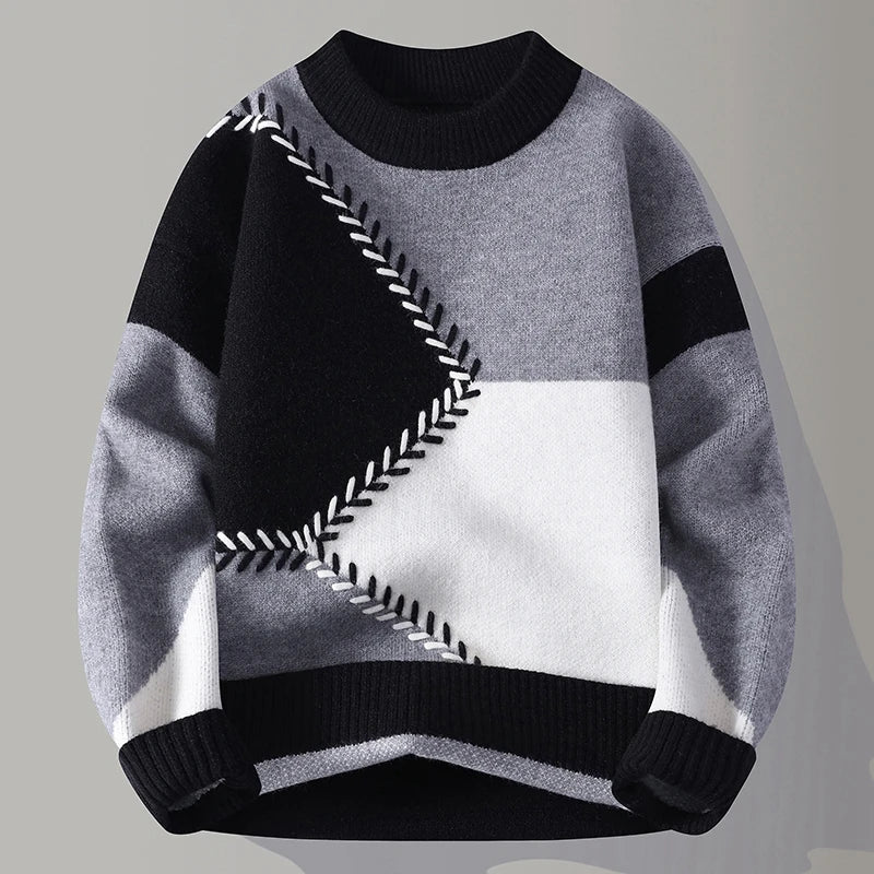 Herr Pullover Med Geometrisk Färgblockering Och Ribbad Nederkant