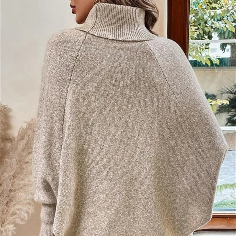 Dam Poncho Med Polokrage Kabelstickning Och Knäppbara Ärmar