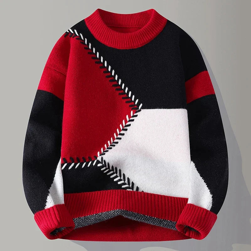 Herr Pullover Med Geometrisk Färgblockering Och Ribbad Nederkant