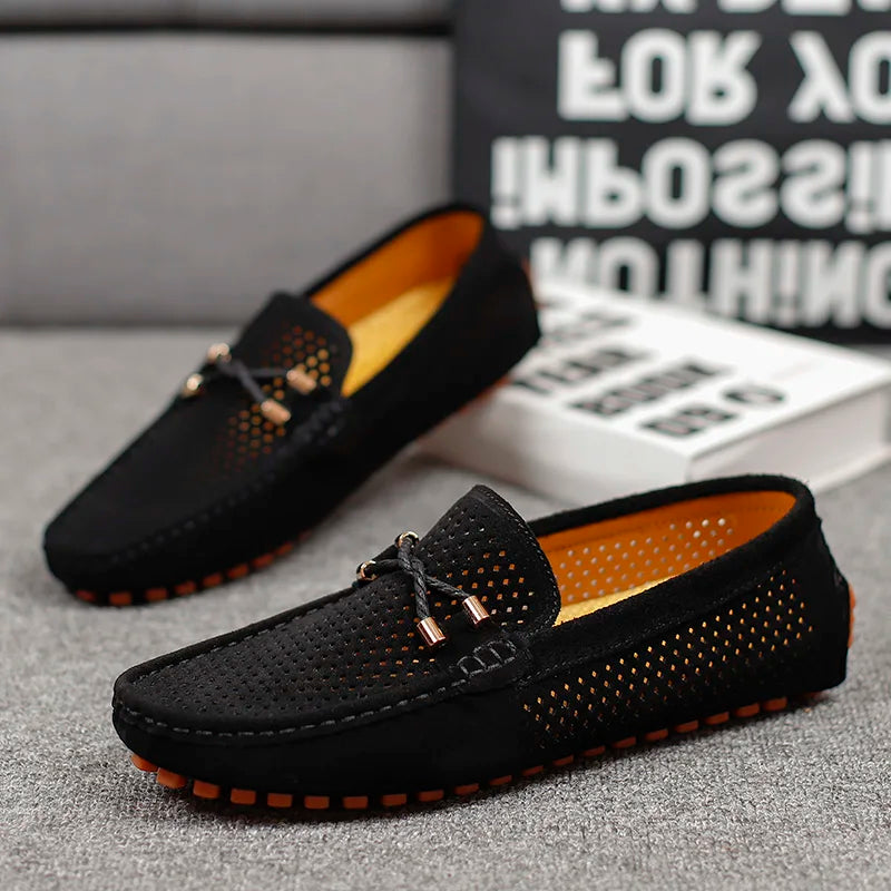 Herrloafers Med Perforerad Läderlook, Slip-on Och Vadderad Innersula