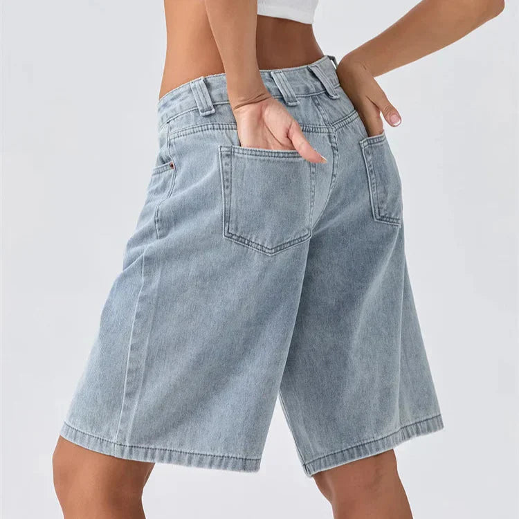 Dam Låg Midja Jeansshorts Avslappnad Passform Vintage Stil