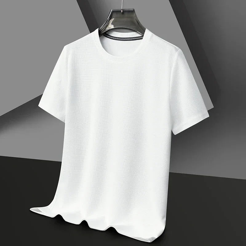 Herr T-shirt med Rund Halsringning, Vaffelstruktur och Nätdetaljer