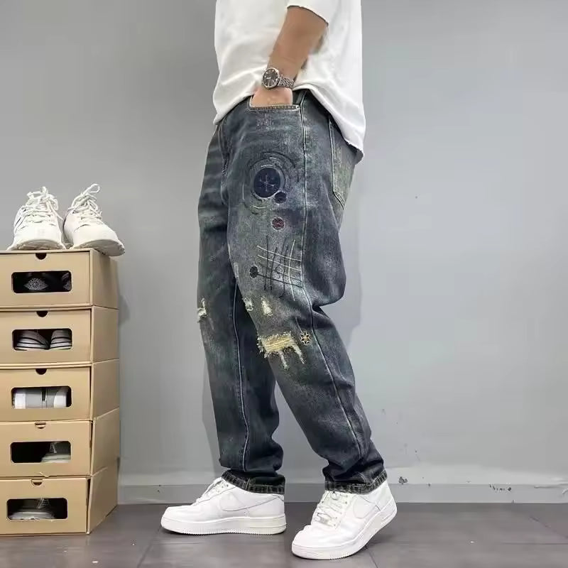Herrjeans Relaxed Fit med Distressed- och Sömmdetaljer