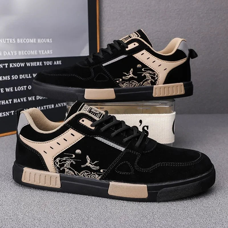 Sneakers för Herr i Cream och Brun med Våg- och Fågelsgrafik och Vadderad Innersula