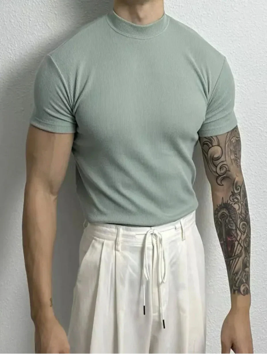 Herr T-shirt med Kort Ärms och Halvhög Krage Snabbtorkande Fuktabsorberande Slim Fit
