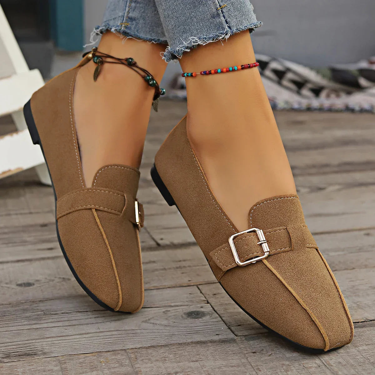 Handsydda Loafers Med Förklädetå För Kvinnor, Vadderad Mellansula Och Flexibel Yttersula