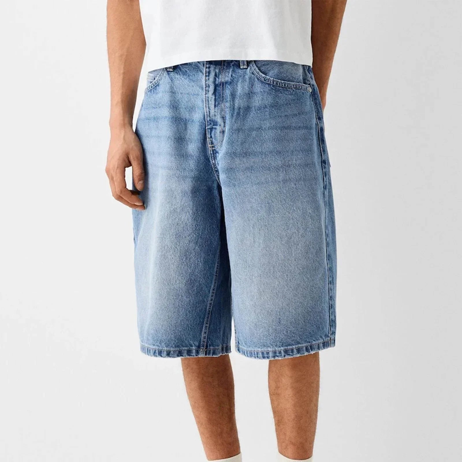 Herrshorts i Denimstil, Baggy Passform Nedanför Knät med Vintage Tvätt