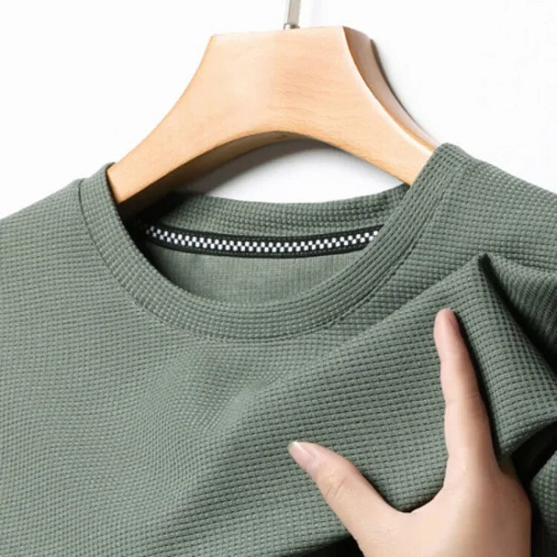 Herr T-shirt med Rund Halsringning, Vaffelstruktur och Nätdetaljer