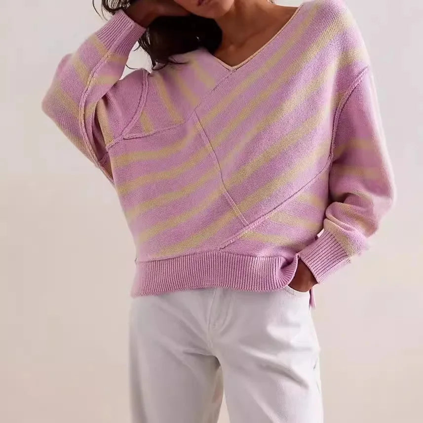Dam Stickad Pullover Med V-ringning Slouchy Passform Och Diagonala Ränder