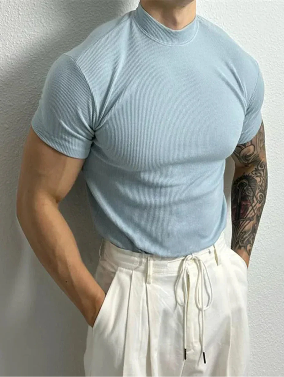 Herr T-shirt med Kort Ärms och Halvhög Krage Snabbtorkande Fuktabsorberande Slim Fit