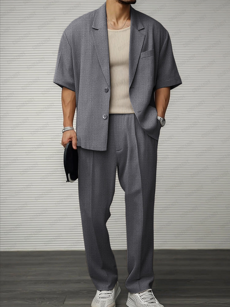 Herrset Med Kavaj Och Byxor, Knappstängning Och Justerbar Midja