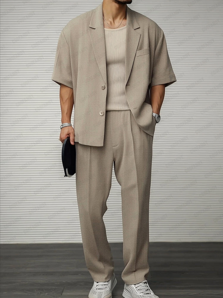 Herrset Med Kavaj Och Byxor, Knappstängning Och Justerbar Midja