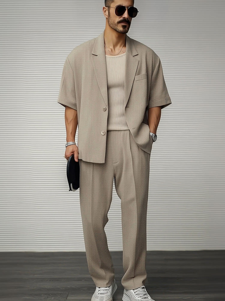 Herrset Med Kavaj Och Byxor, Knappstängning Och Justerbar Midja