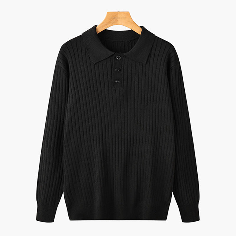 Herr Långärmad Pikétröja Med Knappkrage Och Vertikal Ribbad Design