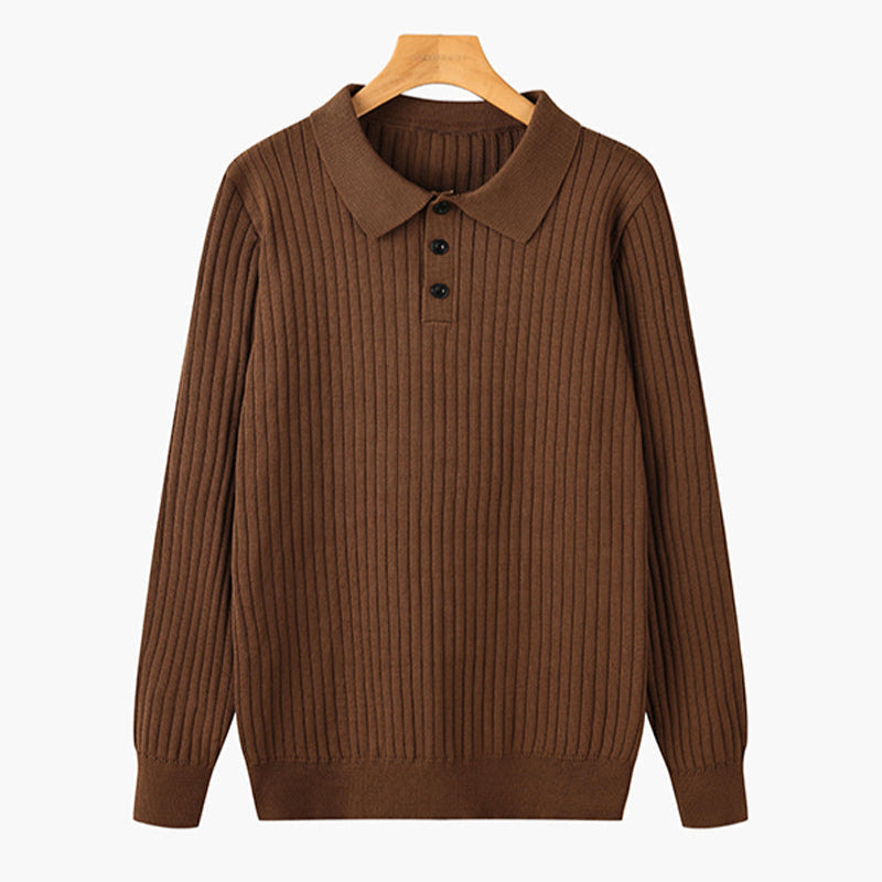 Herr Långärmad Pikétröja Med Knappkrage Och Vertikal Ribbad Design
