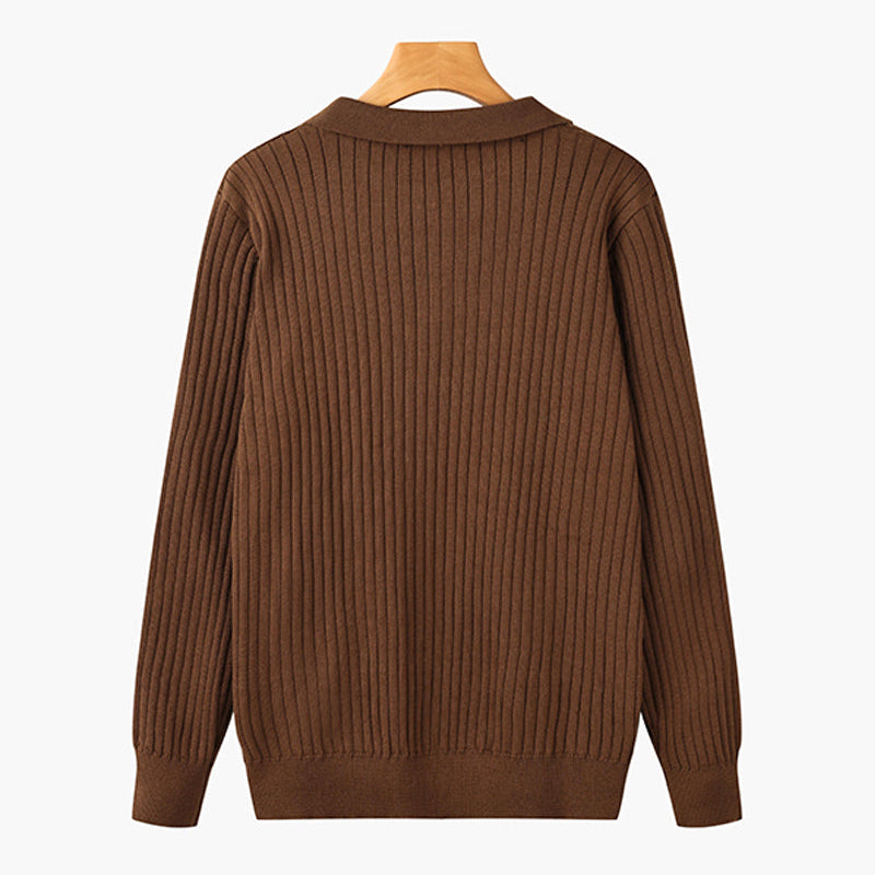 Herr Långärmad Pikétröja Med Knappkrage Och Vertikal Ribbad Design