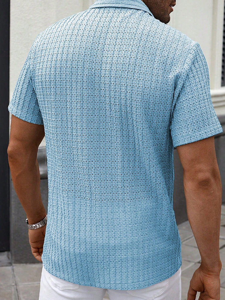 Herr Sommar Jacquard Stickad Skjorta Kubansk Krage Kortärmad