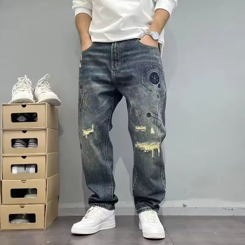 Herrjeans Relaxed Fit med Distressed- och Sömmdetaljer