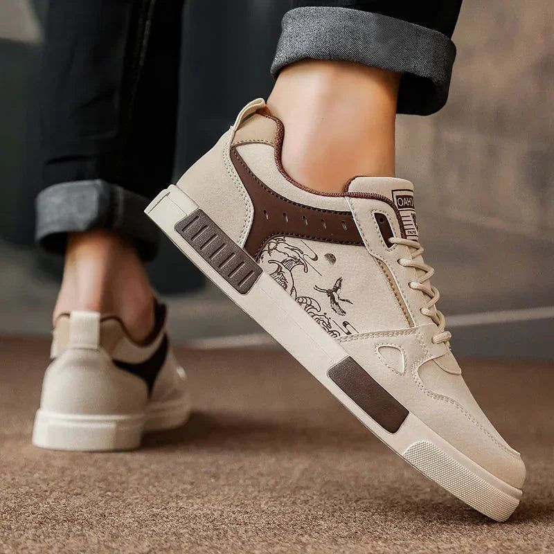 Sneakers för Herr i Cream och Brun med Våg- och Fågelsgrafik och Vadderad Innersula
