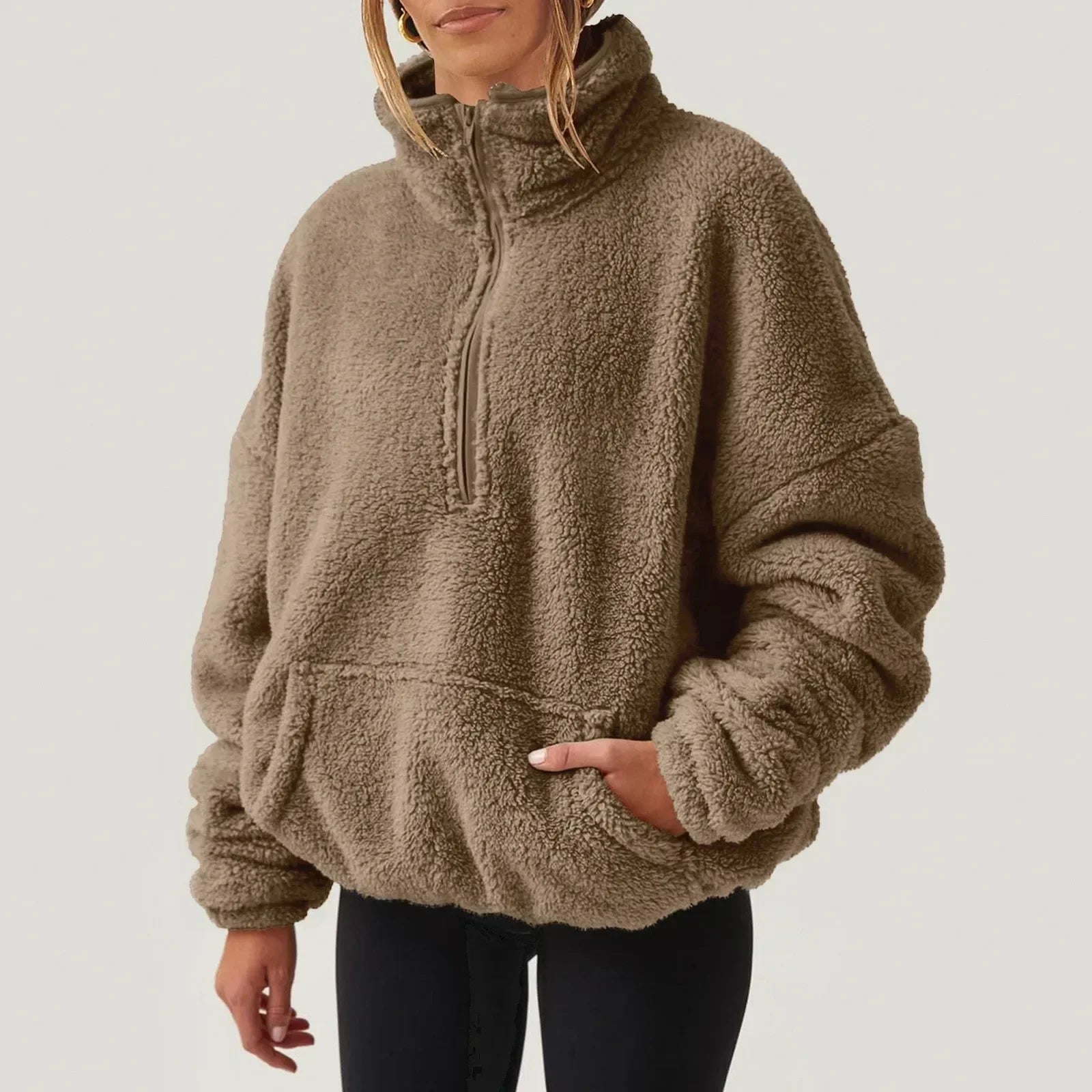 Kvinnors Halvzip-tröja med Krage, Lång ärm, Avslappnad Passform och Elastisk Midja