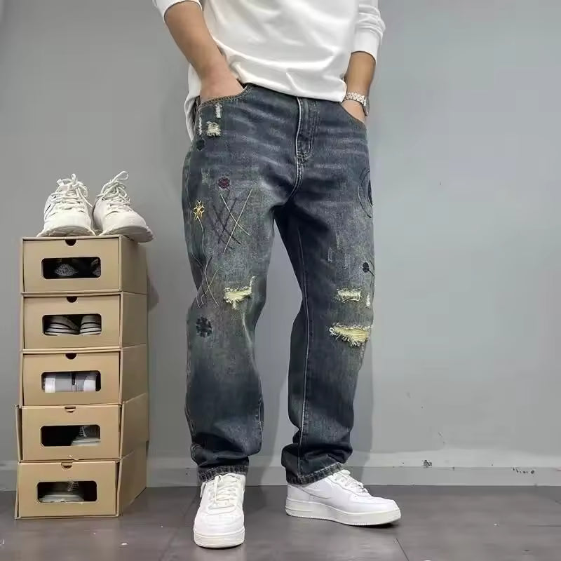 Herrjeans Relaxed Fit med Distressed- och Sömmdetaljer