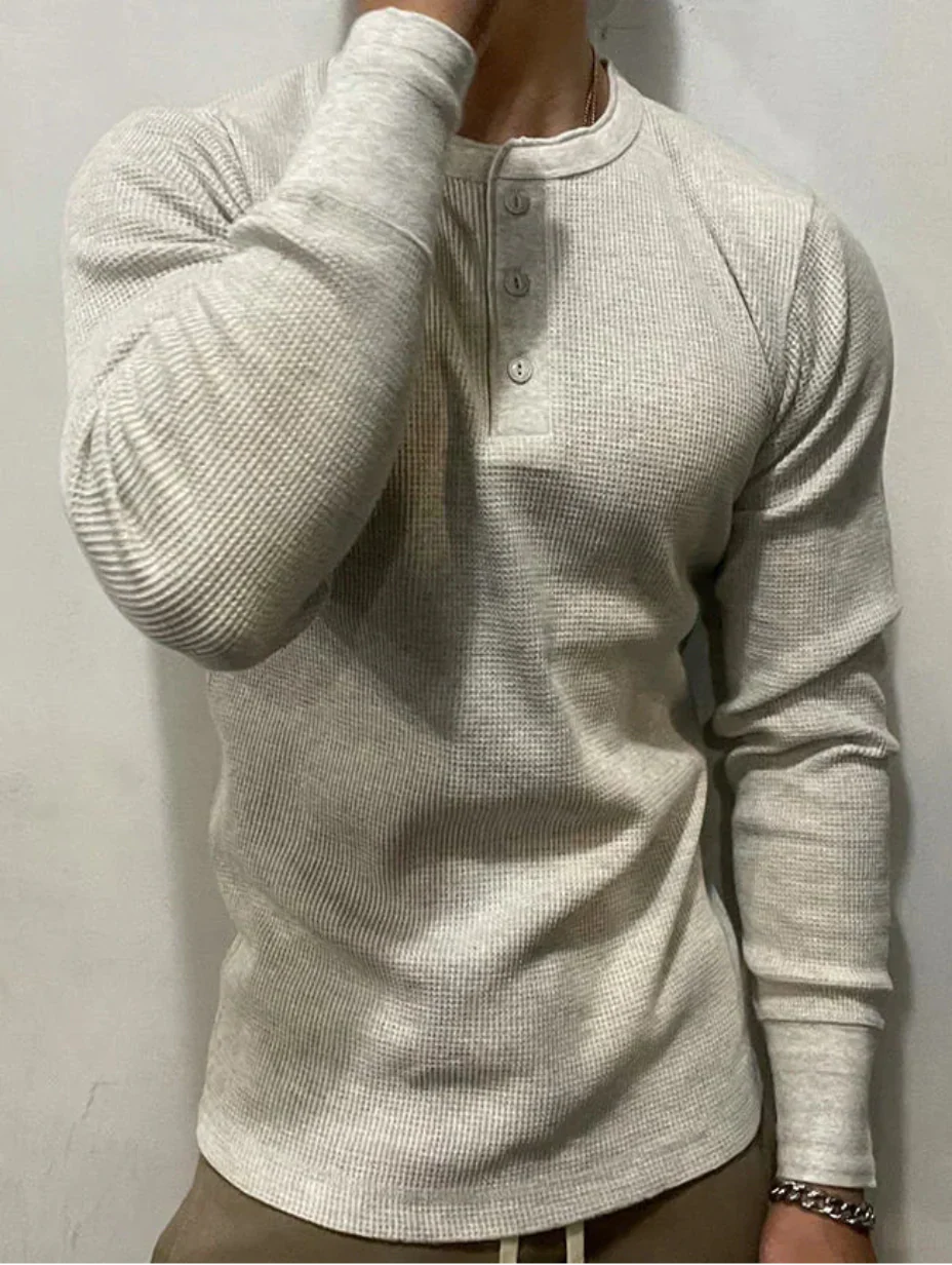 Herr Långärmad T-shirt i Vaffelstickat, Slim Fit, Henrykrage, Kraftig Kvalitet