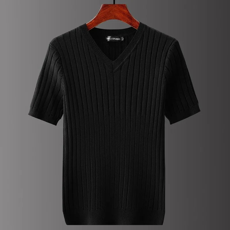 Herr V-Ringad Stickad T-Shirt Klassisk Passform