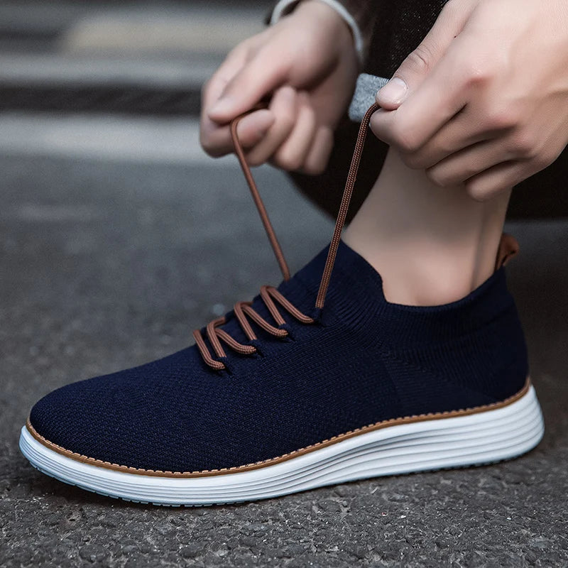 Herrsneakers Med Stickad Ovandel, Stötdämpande Innersula