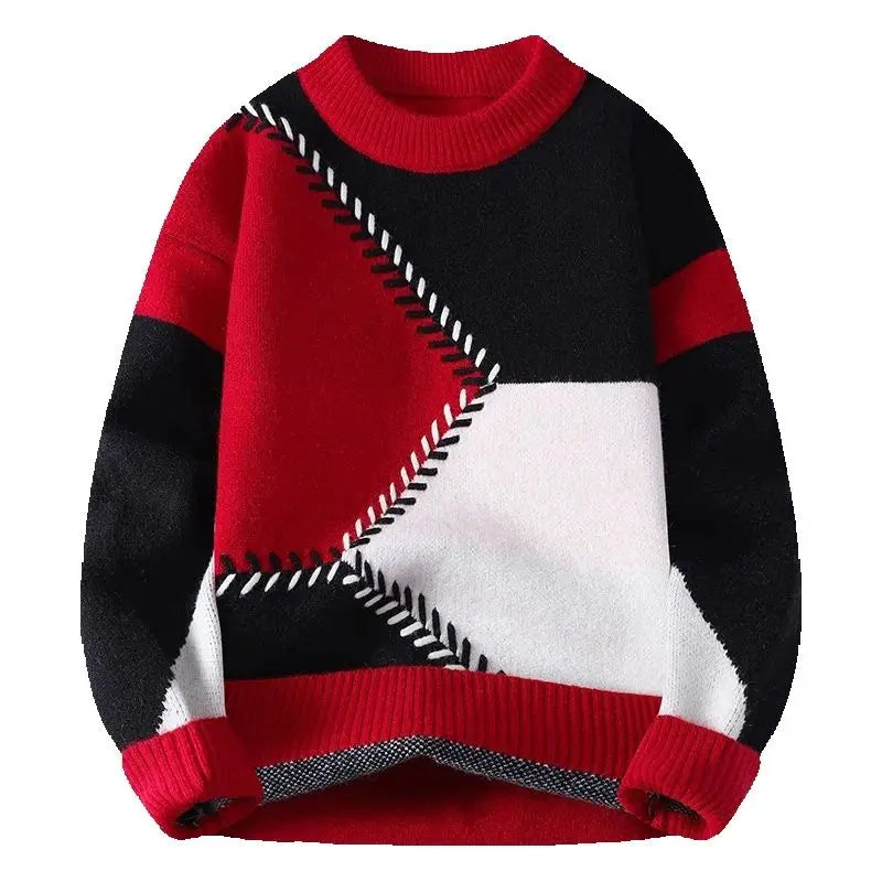 Herr Pullover Med Geometrisk Färgblockering Och Ribbad Nederkant