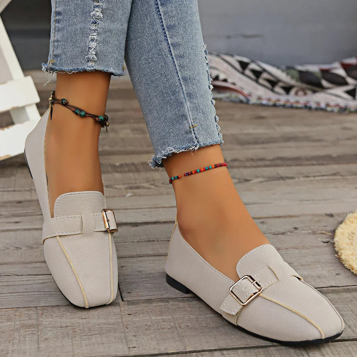Handsydda Loafers Med Förklädetå För Kvinnor, Vadderad Mellansula Och Flexibel Yttersula