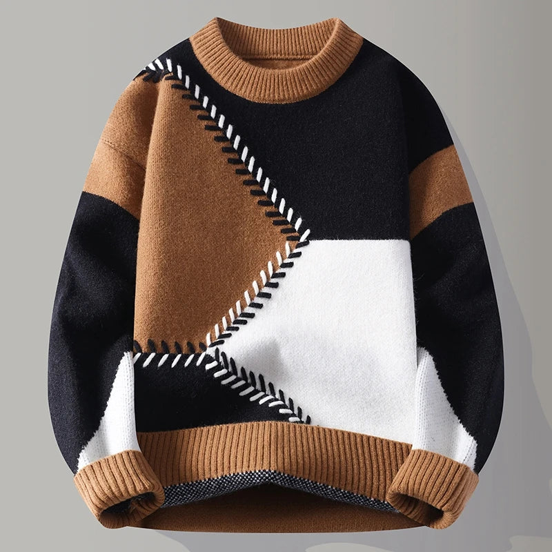 Herr Pullover Med Geometrisk Färgblockering Och Ribbad Nederkant