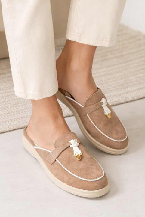 Dam Slip-On Mules Mocka Look Öppen Klack Loafer