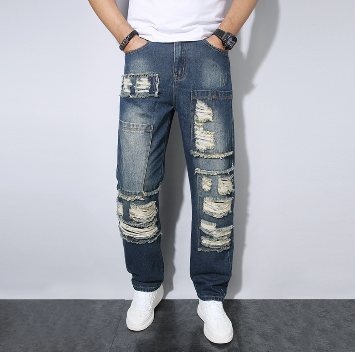 Herrjeans Lössittande Rak Passform med Rivit Patchwork-Design