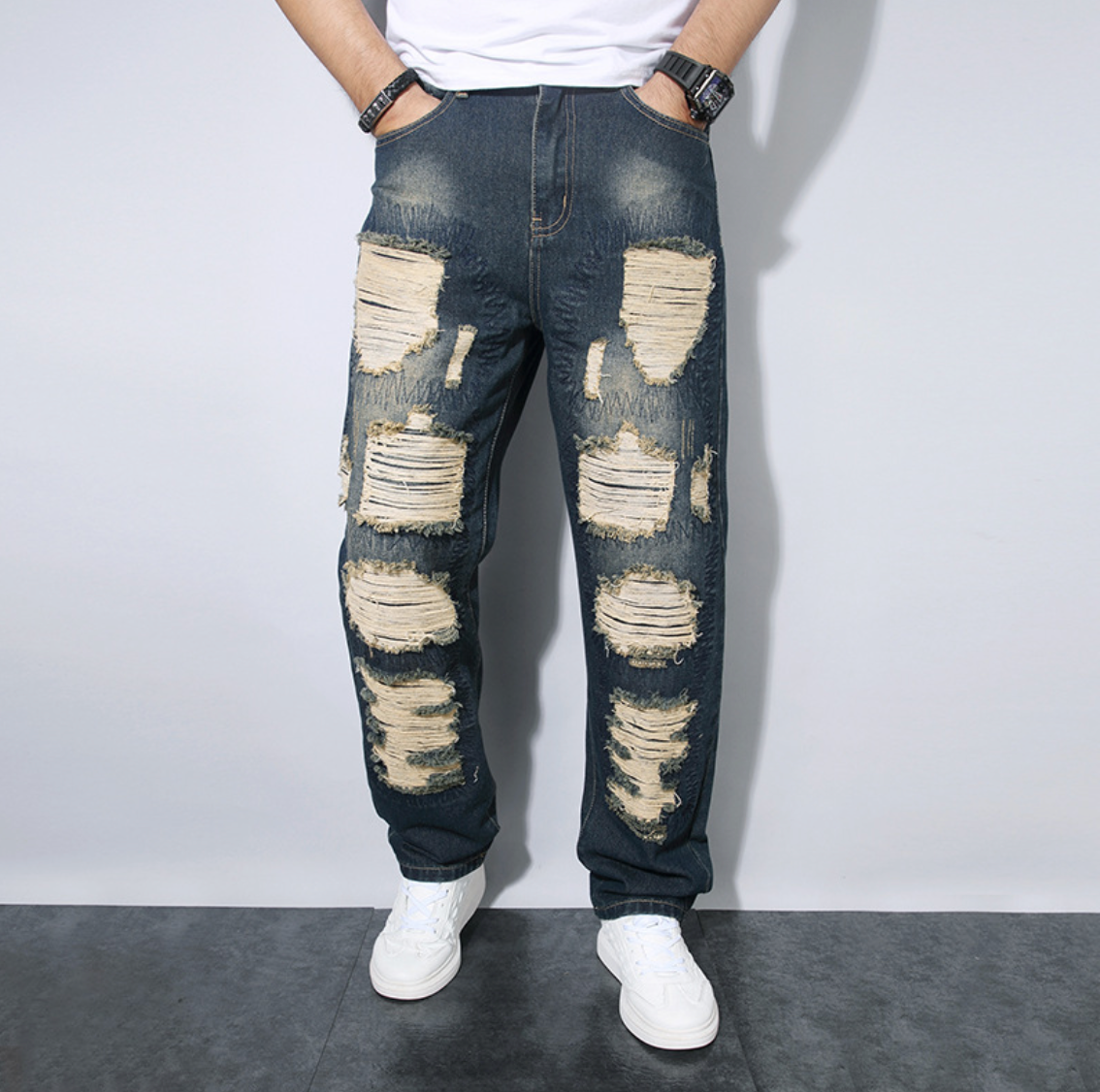 Herrjeans Lössittande Rak Passform med Rivit Patchwork-Design