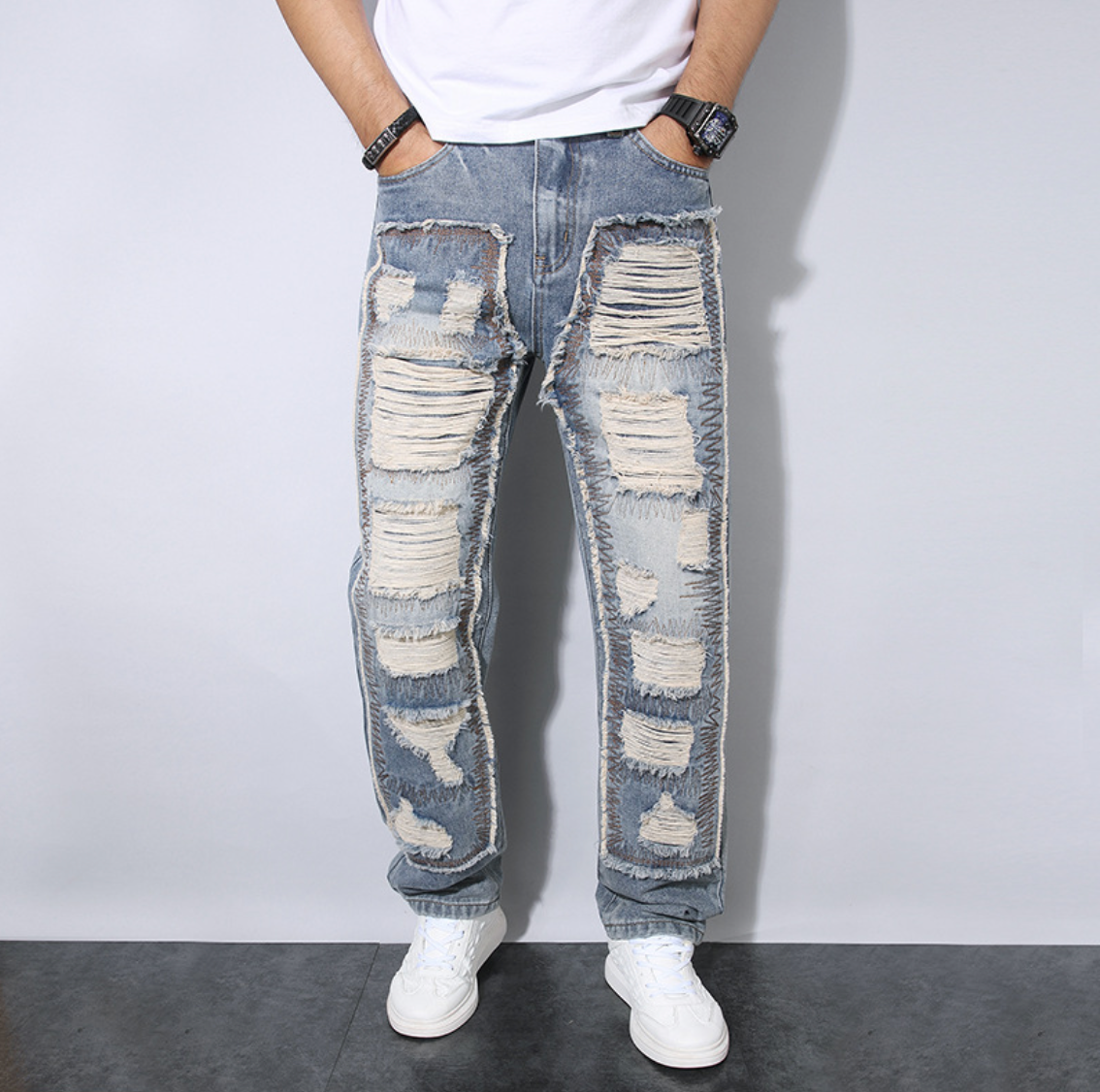 Herrjeans Lössittande Rak Passform med Rivit Patchwork-Design