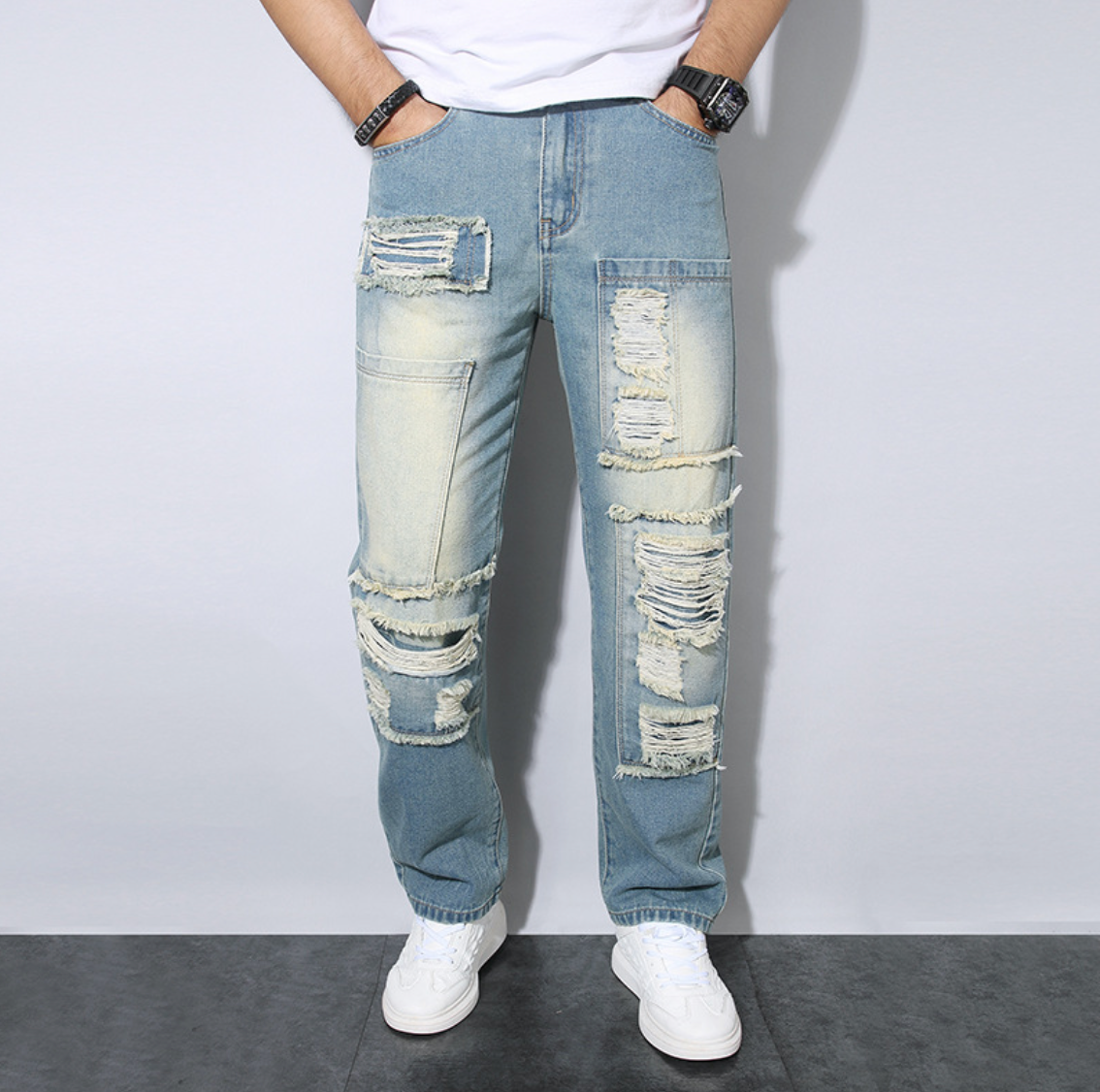 Herrjeans Lössittande Rak Passform med Rivit Patchwork-Design