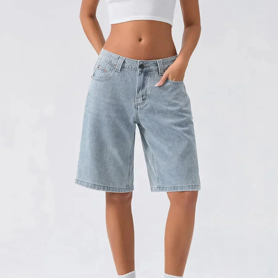 Dam Låg Midja Jeansshorts Avslappnad Passform Vintage Stil