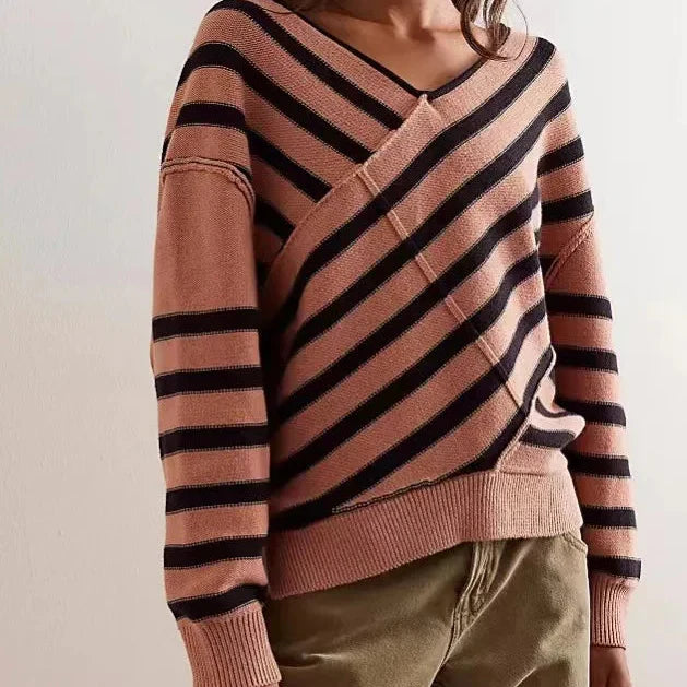 Dam Stickad Pullover Med V-ringning Slouchy Passform Och Diagonala Ränder