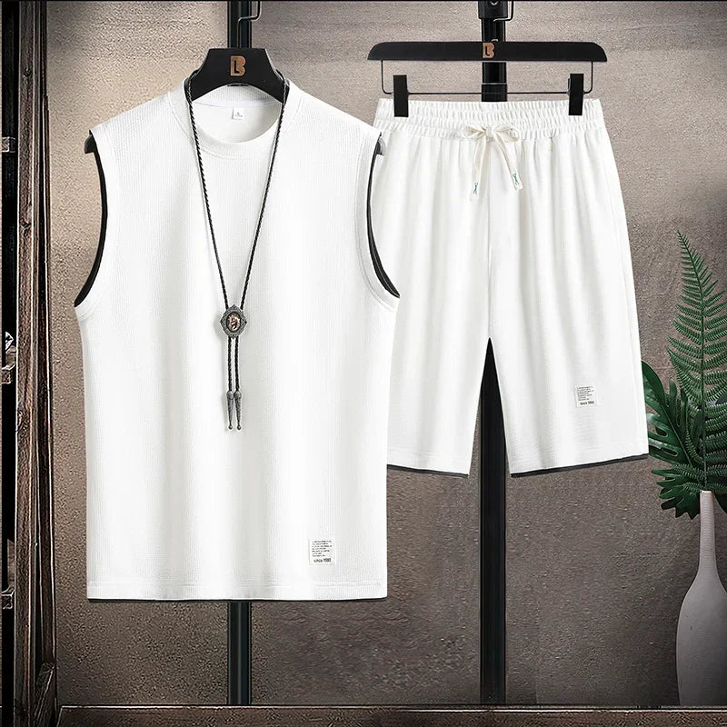 Herr Sommar Tvådelat Set Ärmlös Topp Dragsko Shorts
