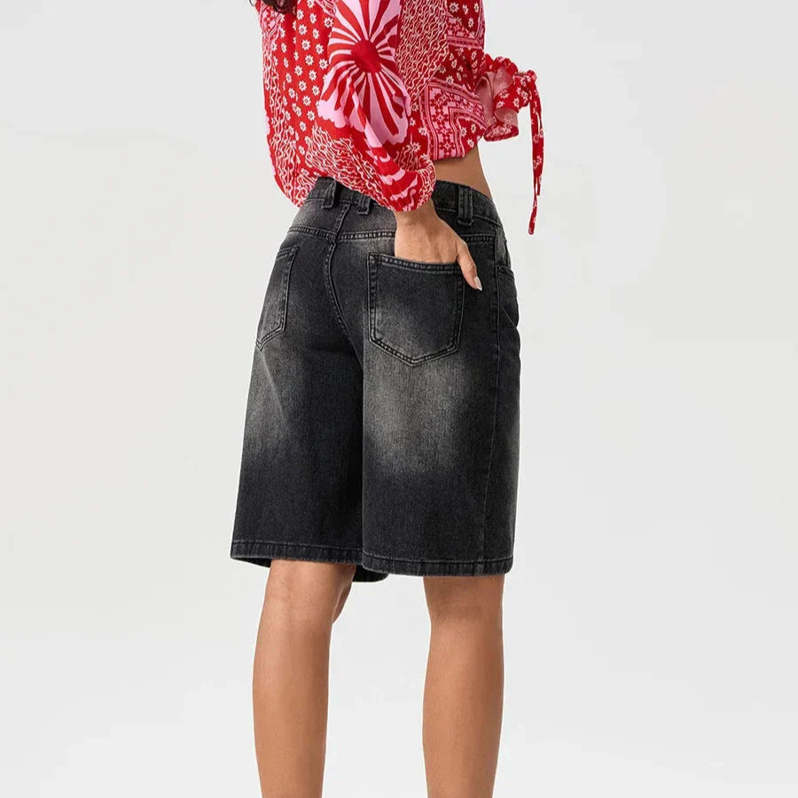 Dam Låg Midja Jeansshorts Avslappnad Passform Vintage Stil