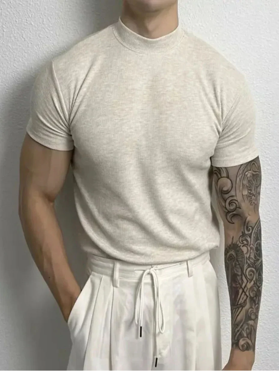 Herr T-shirt med Kort Ärms och Halvhög Krage Snabbtorkande Fuktabsorberande Slim Fit